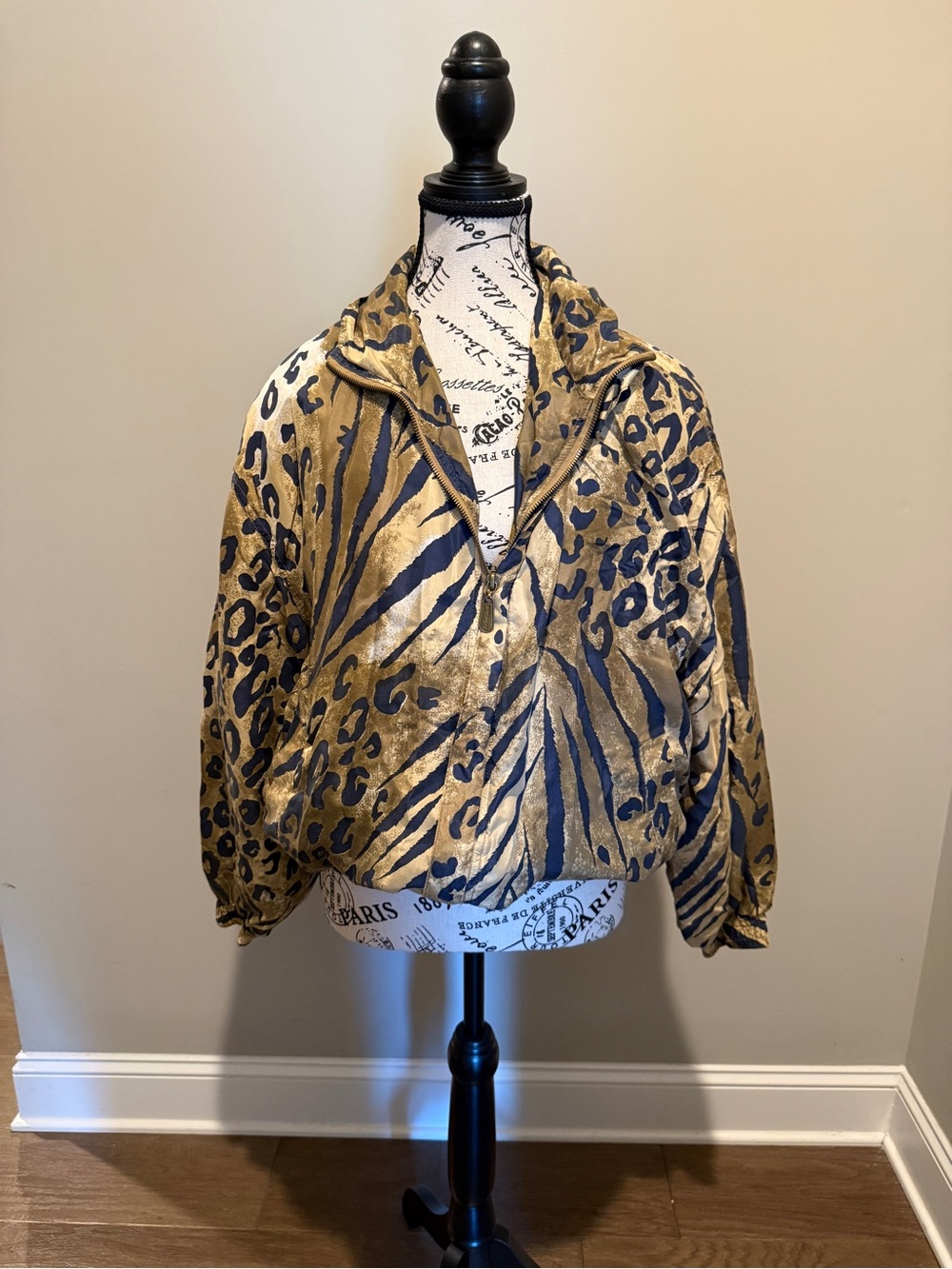 Leopard & Zebra Print silk Bomber Jacket in Gold and Black, M